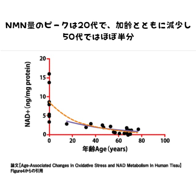 NMN量のピークは20代で、加齢とともに減少し50代ではほぼ半分